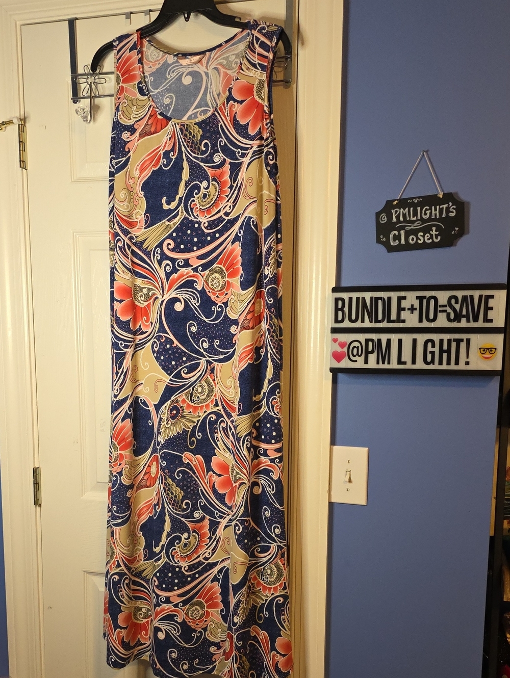 SJS Sleeveless Floral Swirl Maxi Dress Large Blue Coral Cream White